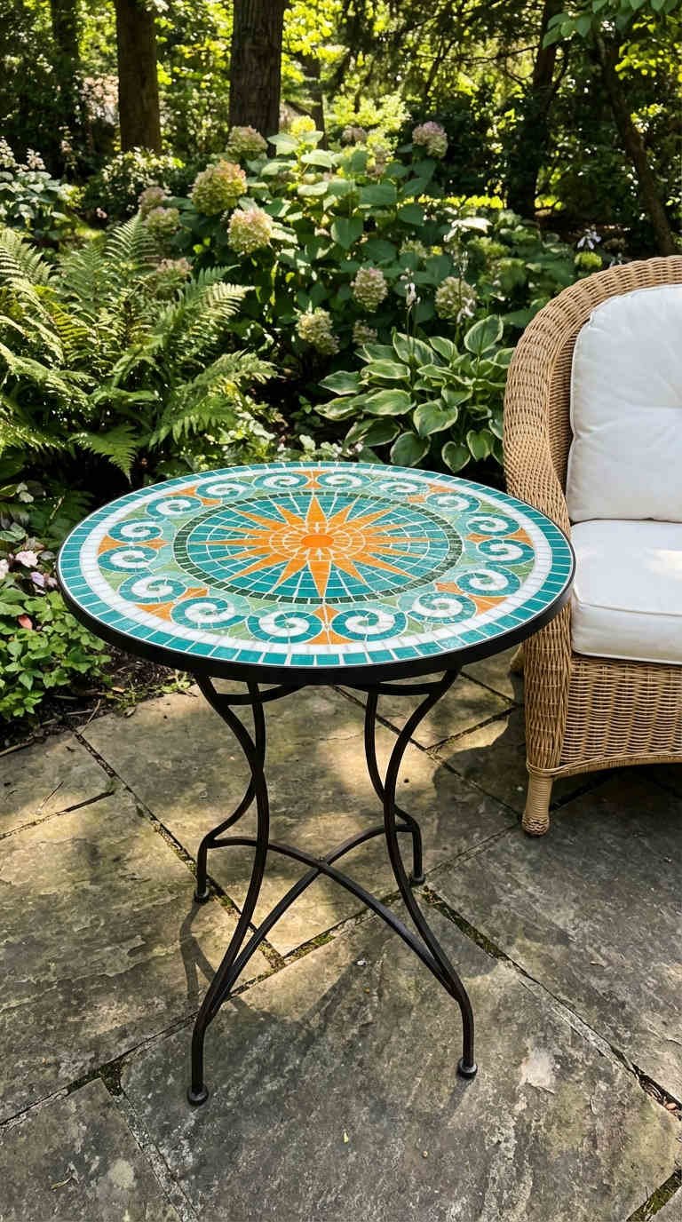 table mosaique soleil turquoise patio fougeres