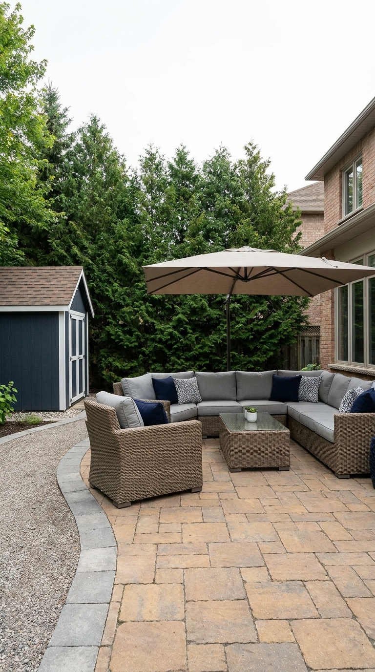 terrasse jardin banquette angle parasol