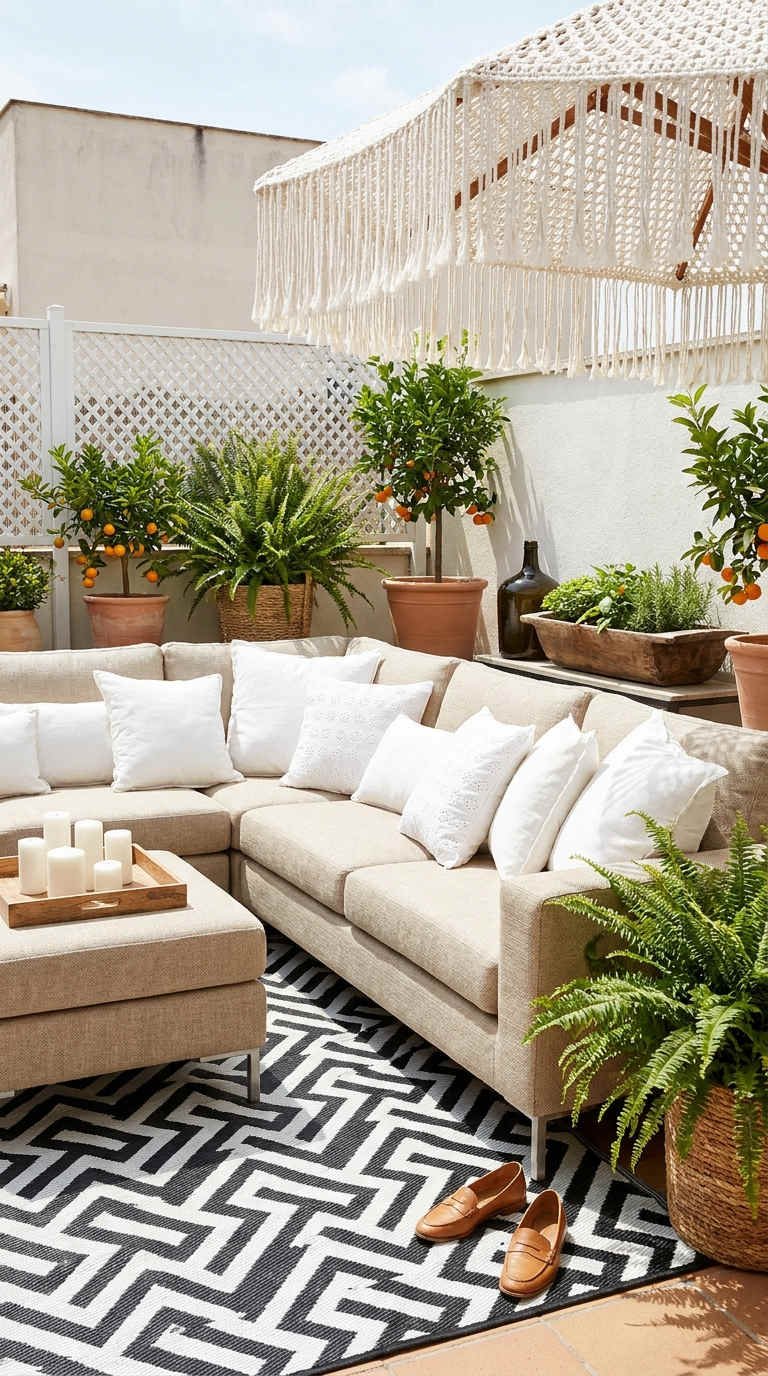 terrasse mediterraneenne parasol franges agrumes