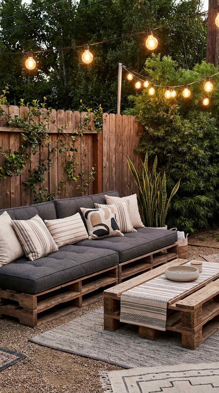 terrasse palette soiree coussins gris guirlandes