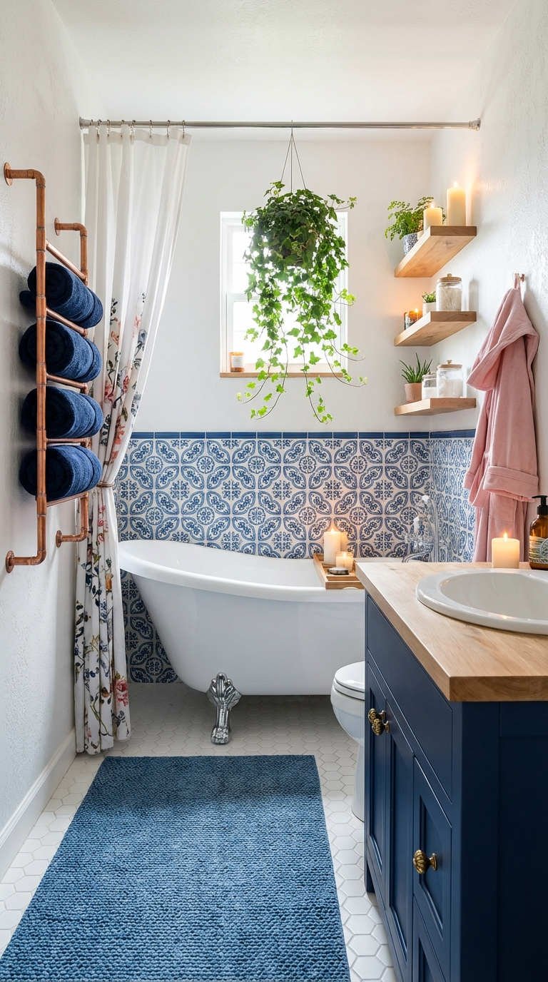 baignoire pieds carrelage bleu tuyauterie