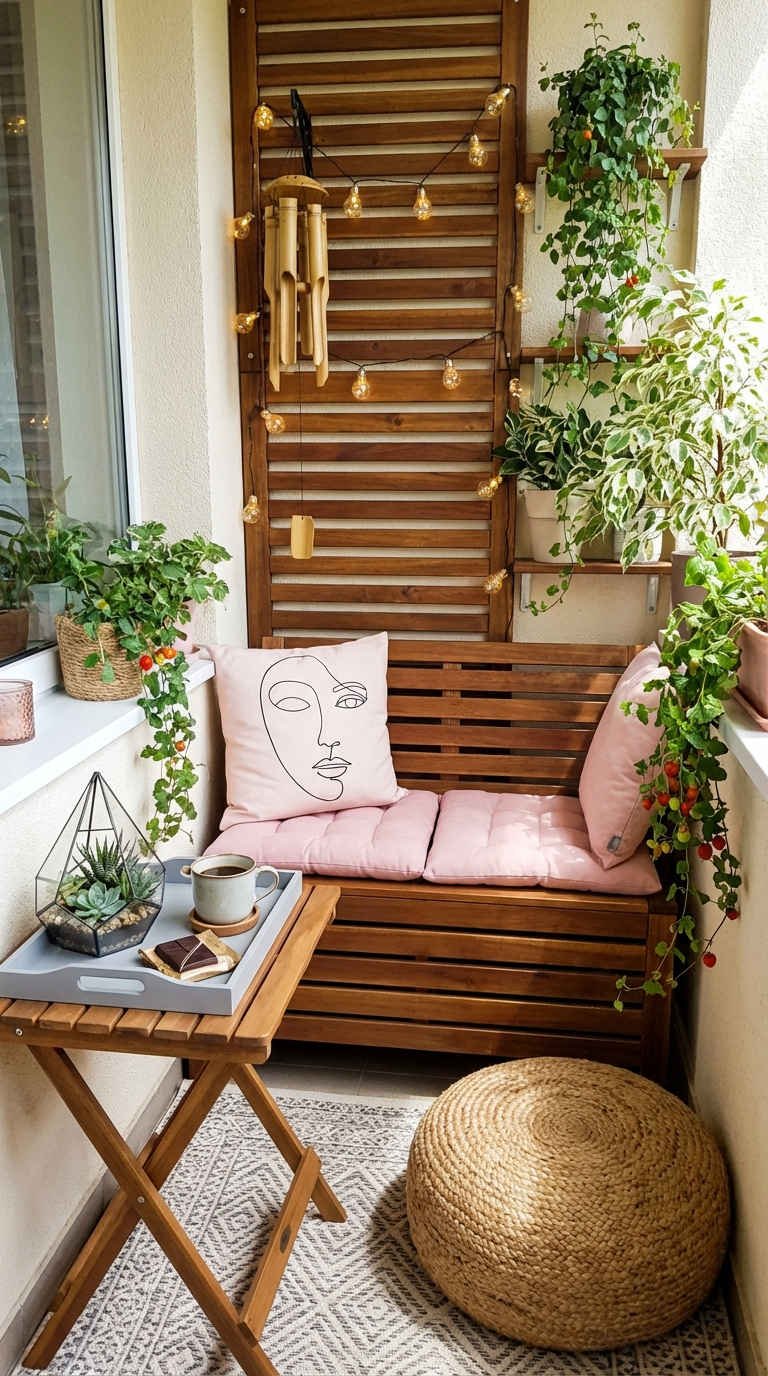 balcon banquette bois etageres plantes guirlandes