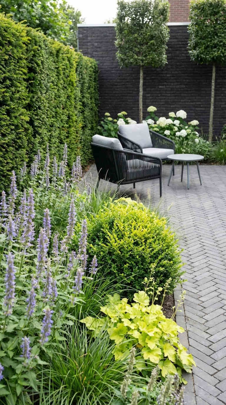 jardin moderne paves chevron hortensias fauteuils