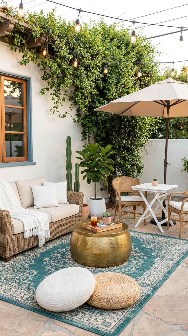 patio mediterraneen tapis turquoise laiton