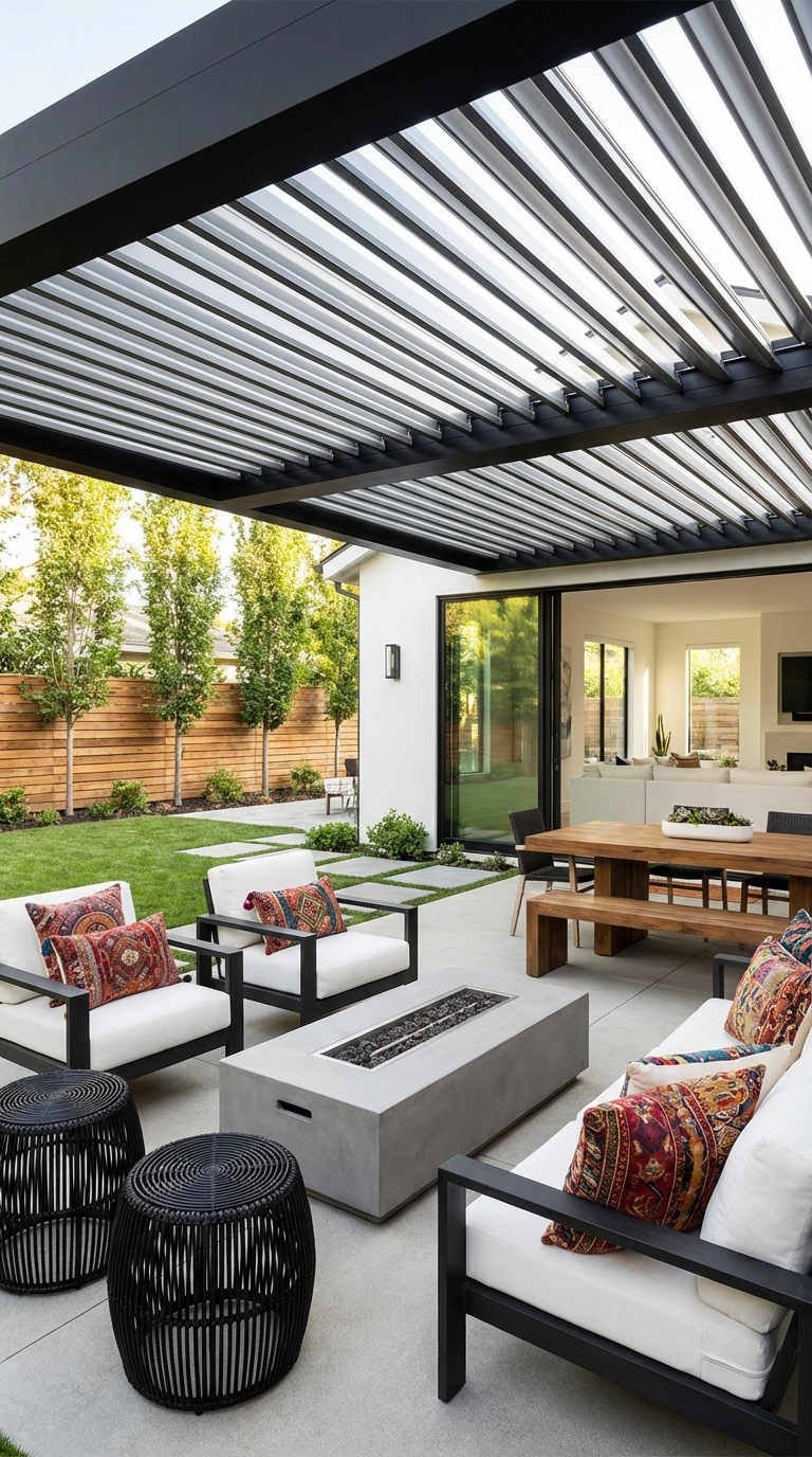 pergola bioclimatique coussins bohemes brasero