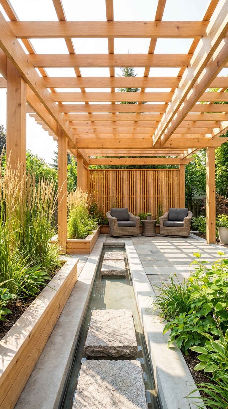 pergola claire bassin eau fauteuils