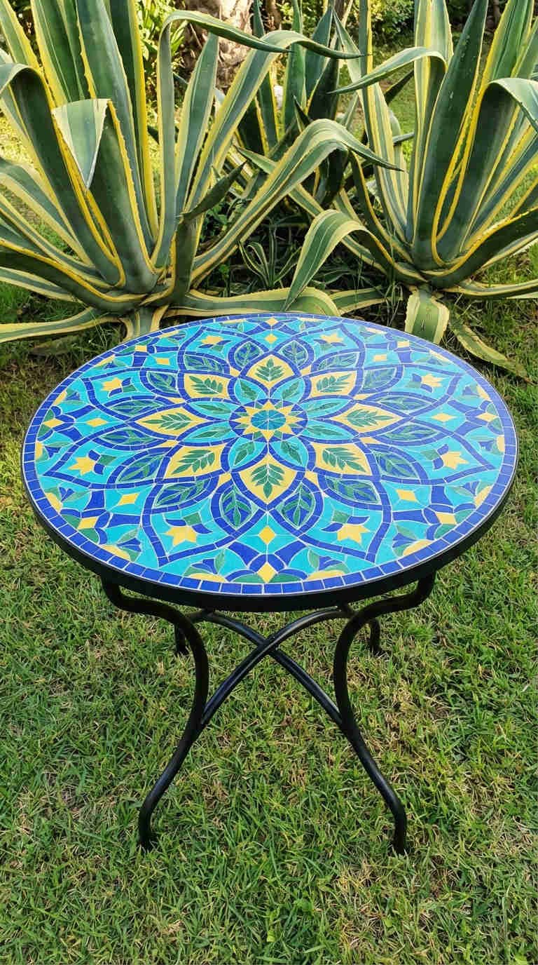 table mosaique bleu jaune agave gazon