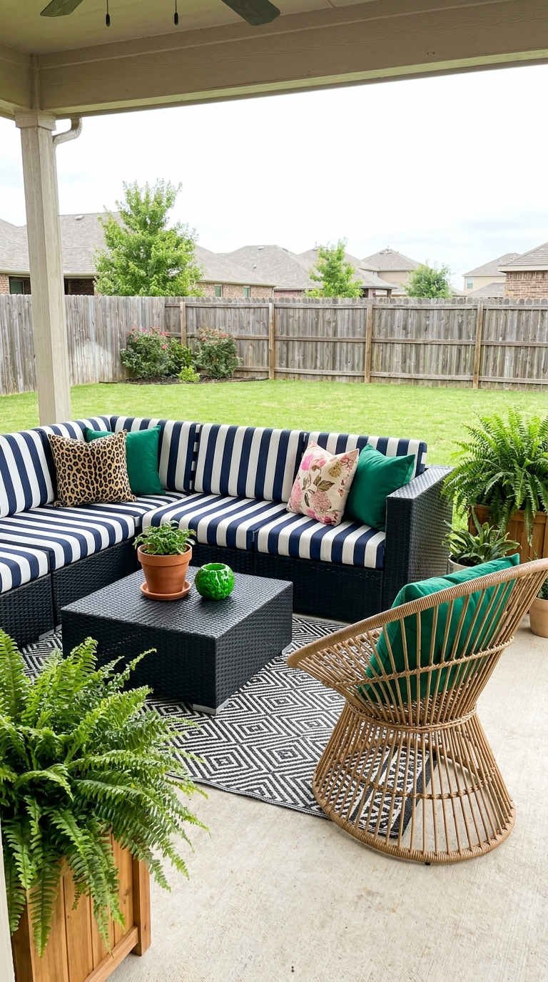 terrasse couverte canape raye fauteuil rotin