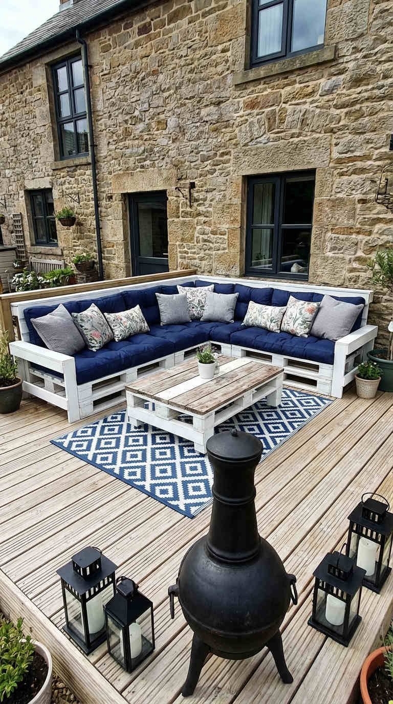 terrasse palette blanche coussins marine pierre