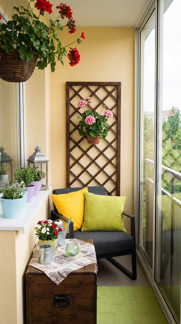 balcon fauteuil gris coussins jaune vert fleurs