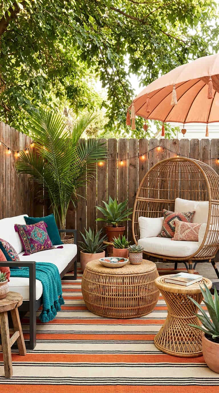 coin boheme fauteuil oeuf tapis raye