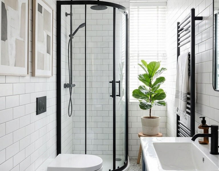 douche arrondie noire meuble bleu