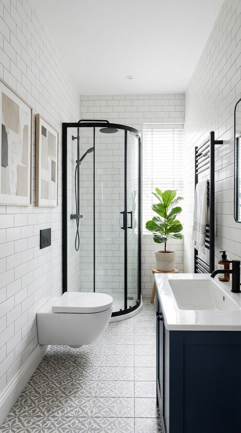 douche arrondie noire meuble bleu