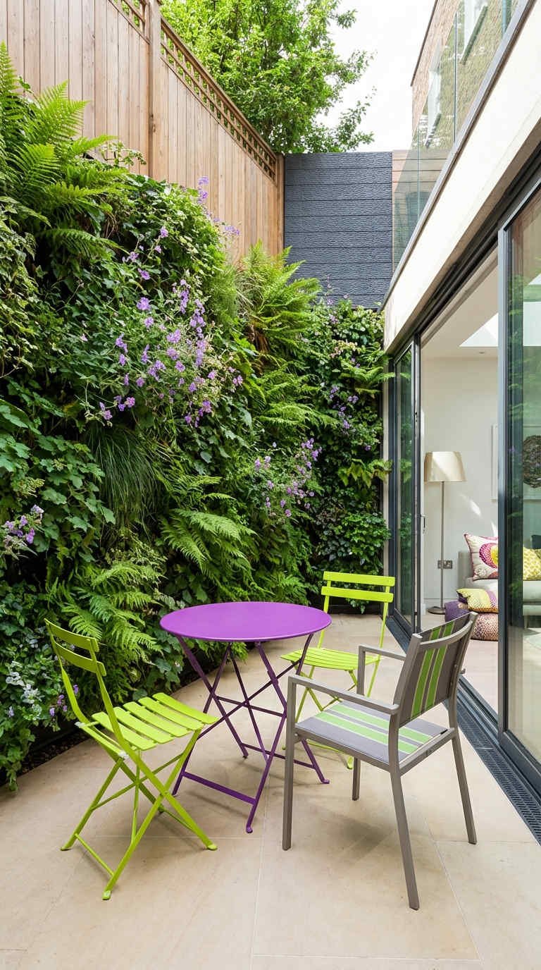 patio table violette chaises vertes mur vegetal