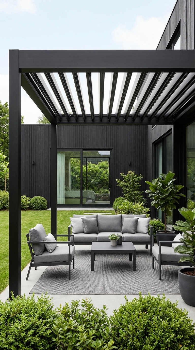 pergola noire salon gris tapis