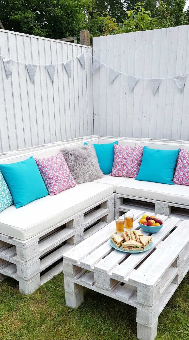 salon palettes blanches coussins turquoise