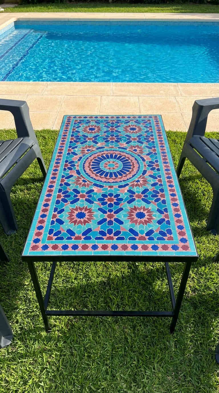 table mosaique rectangulaire piscine transats bleu