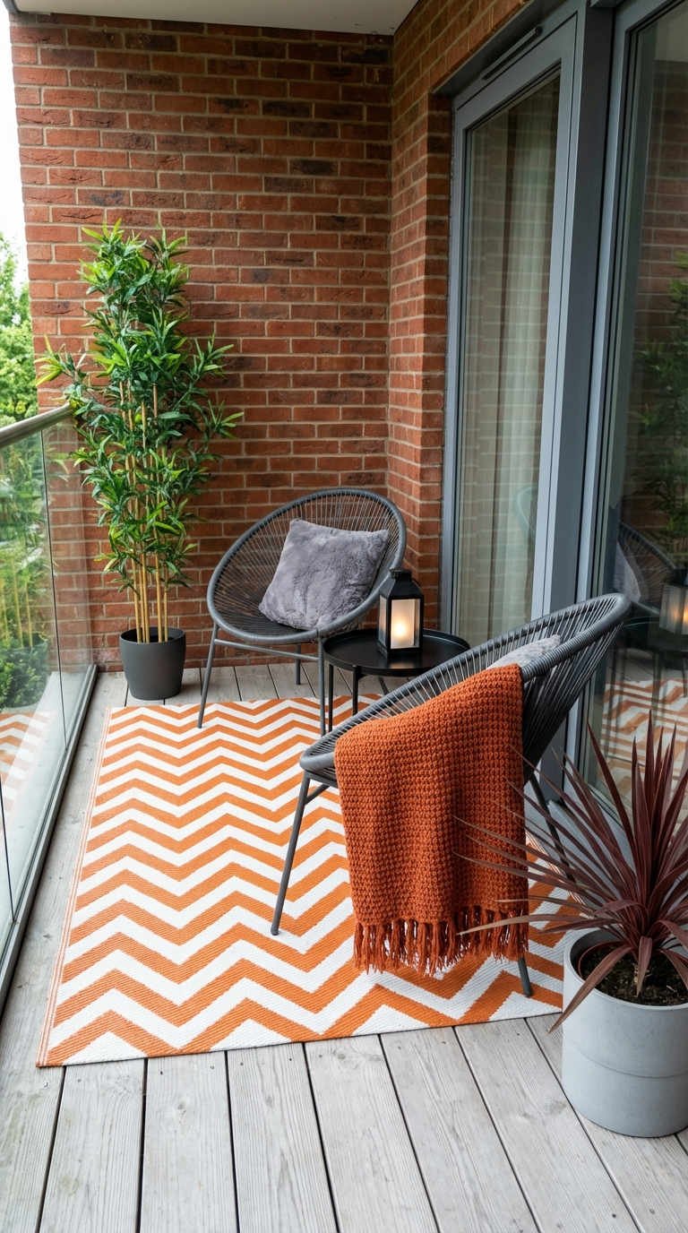 balcon brique fauteuils tresses tapis chevron orange