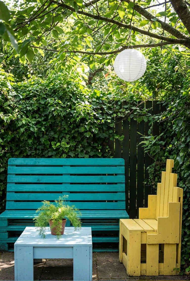 banc palette teal fauteuil jaune