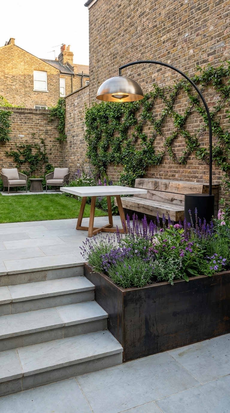 cour briques marches lavande banc bois