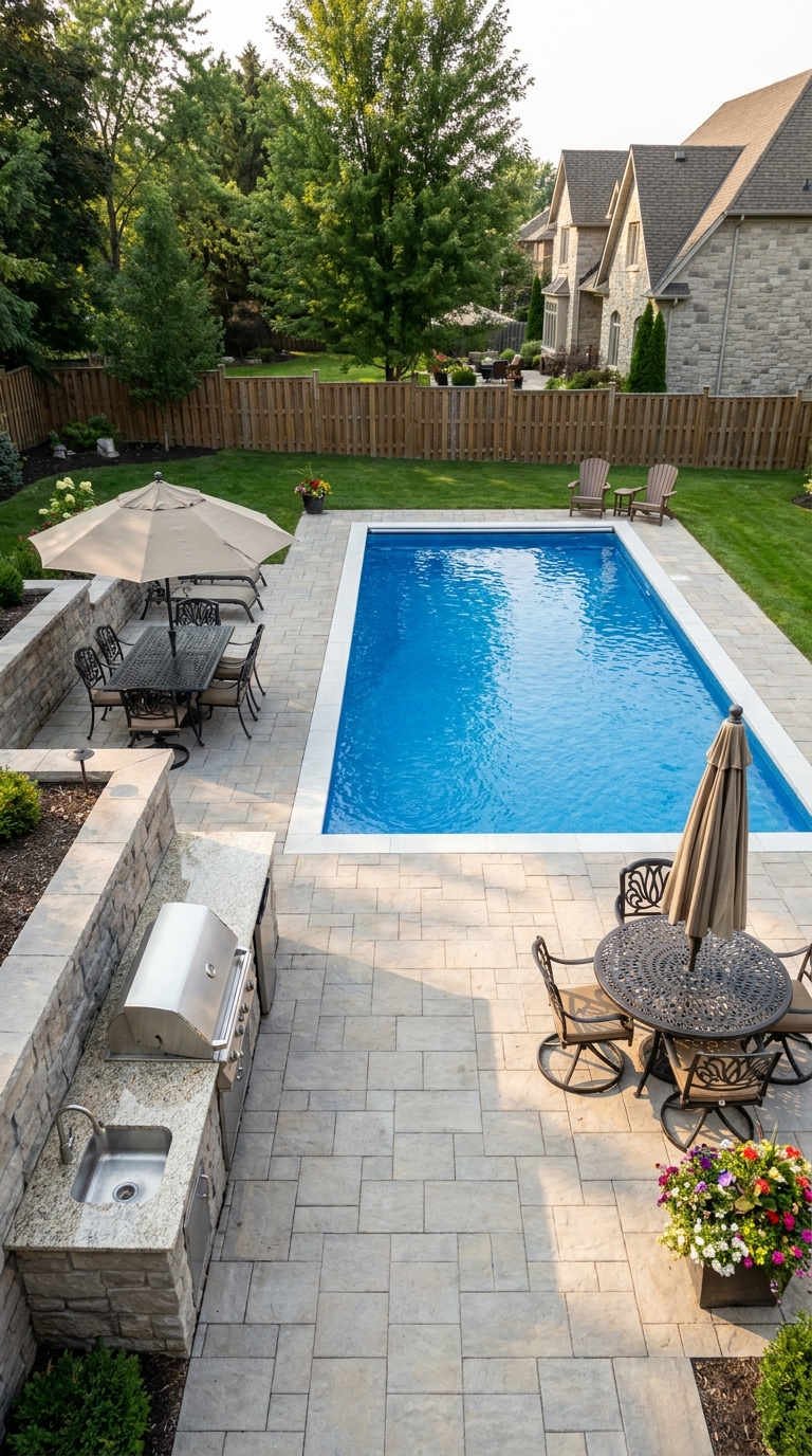 cour familiale piscine rectangulaire patio