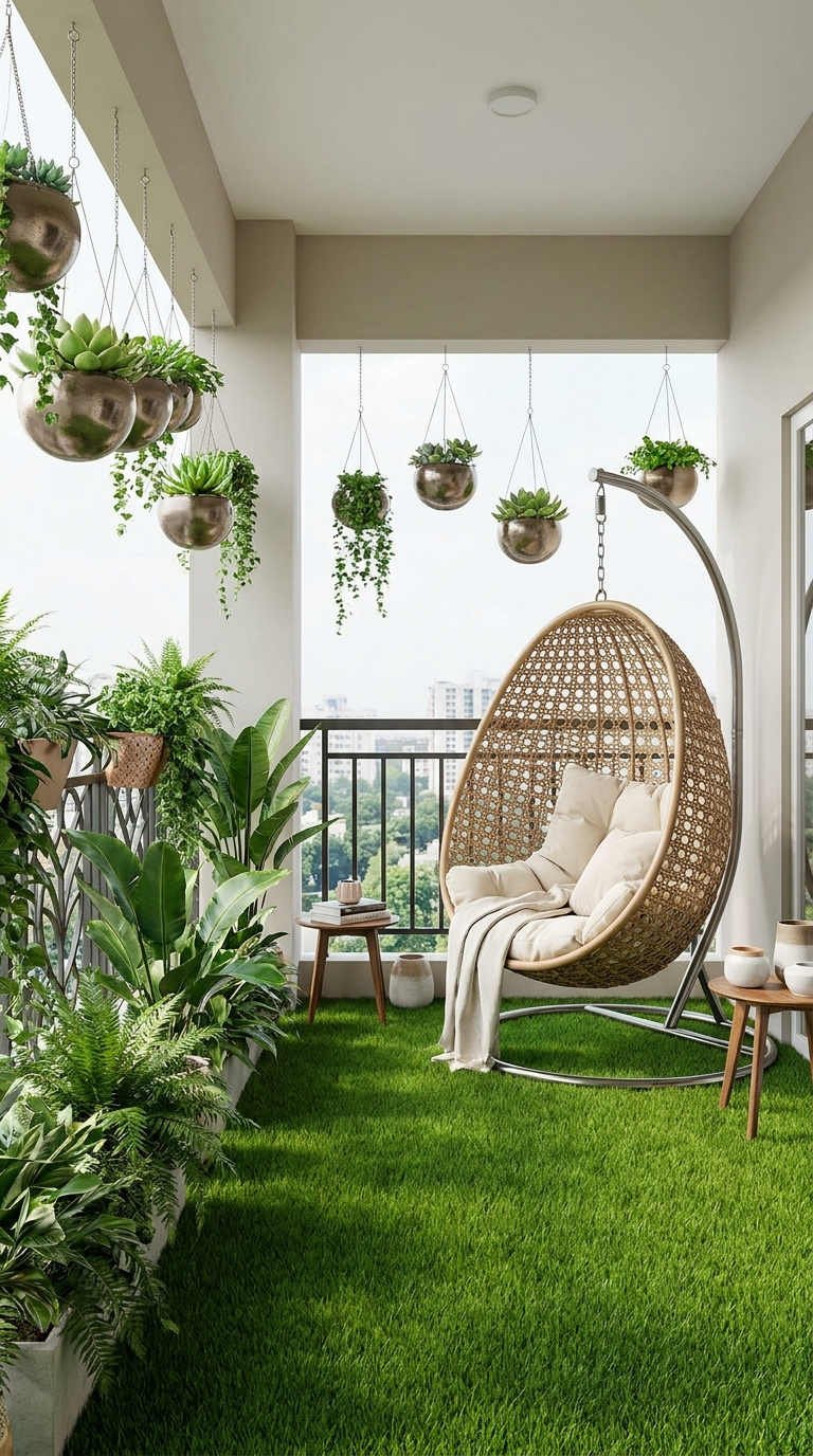 fauteuil suspendu gazon plantes balcon