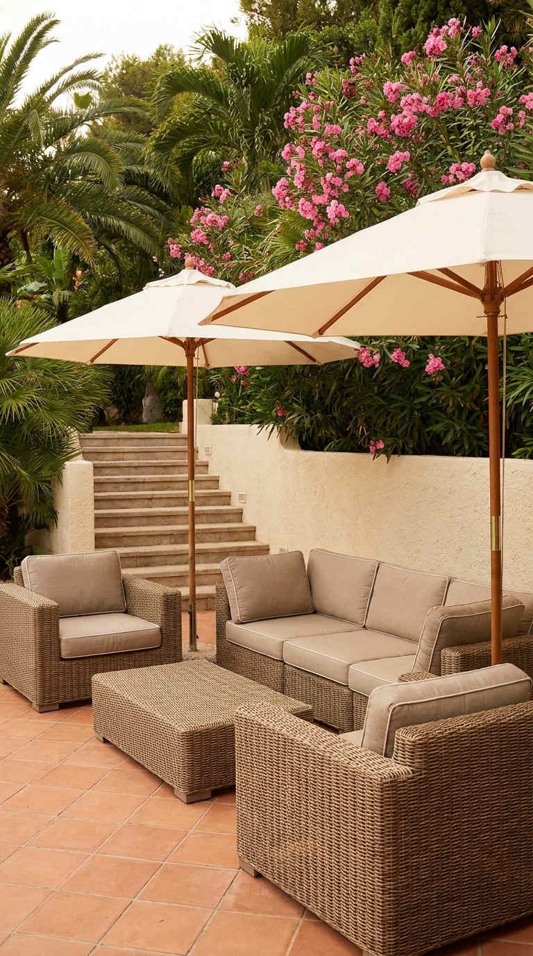 patio mediterraneen ombrelles salon terracotta