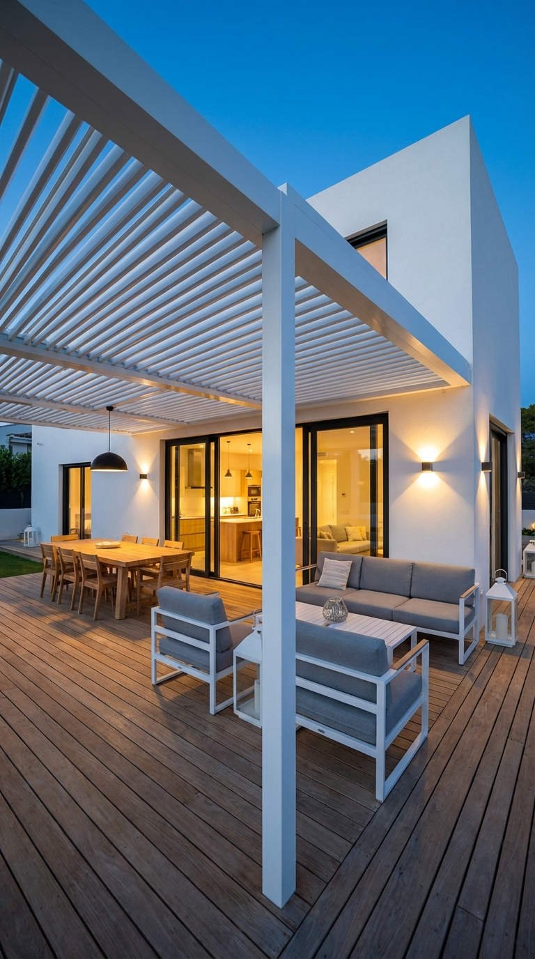 pergola blanche terrasse bois eclairage