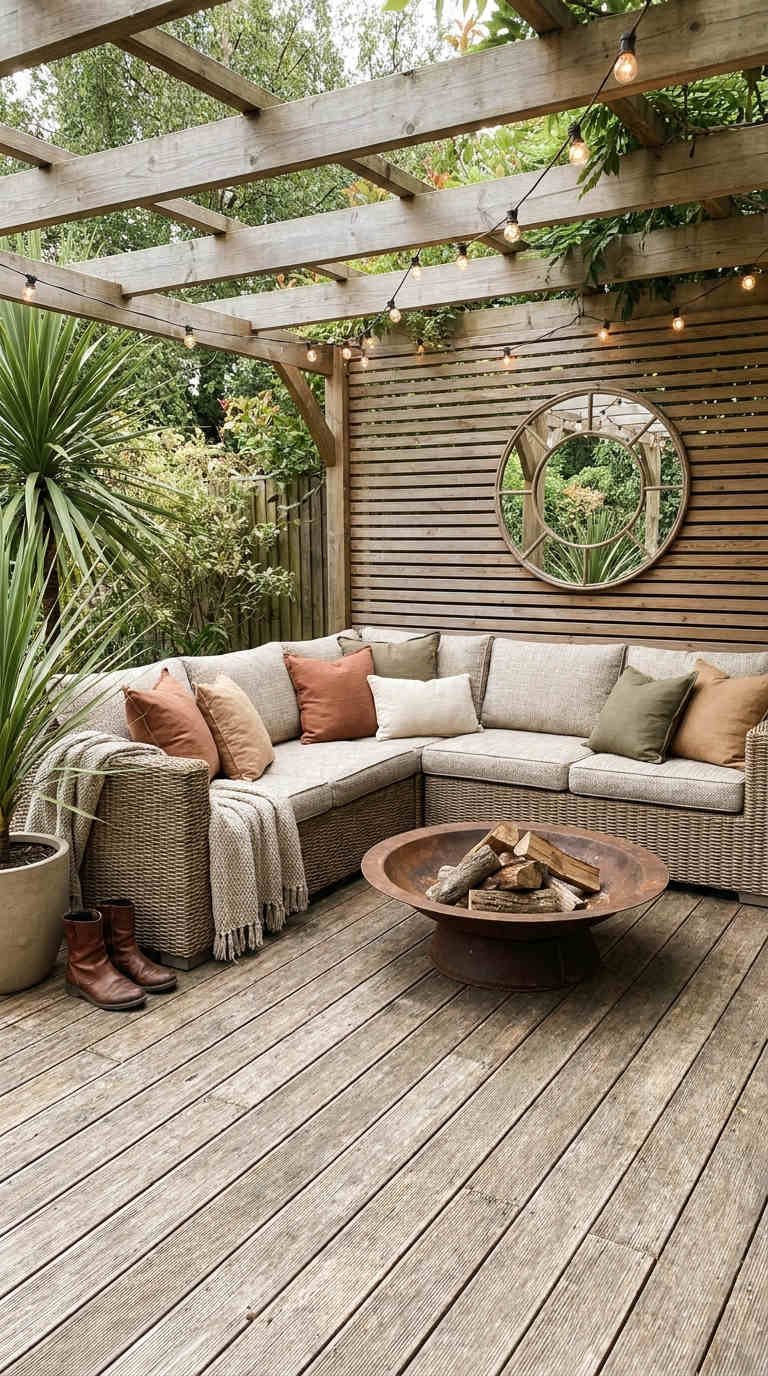 pergola bois brut brasero miroir