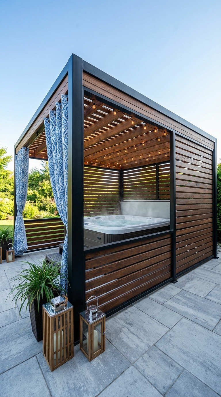pergola bois jacuzzi rideaux bleus
