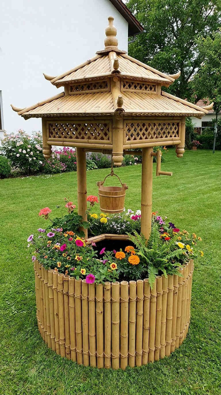 puits bambou fleurs jardin