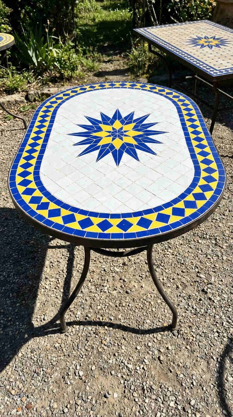 table mosaique etoile bleu jaune gravier