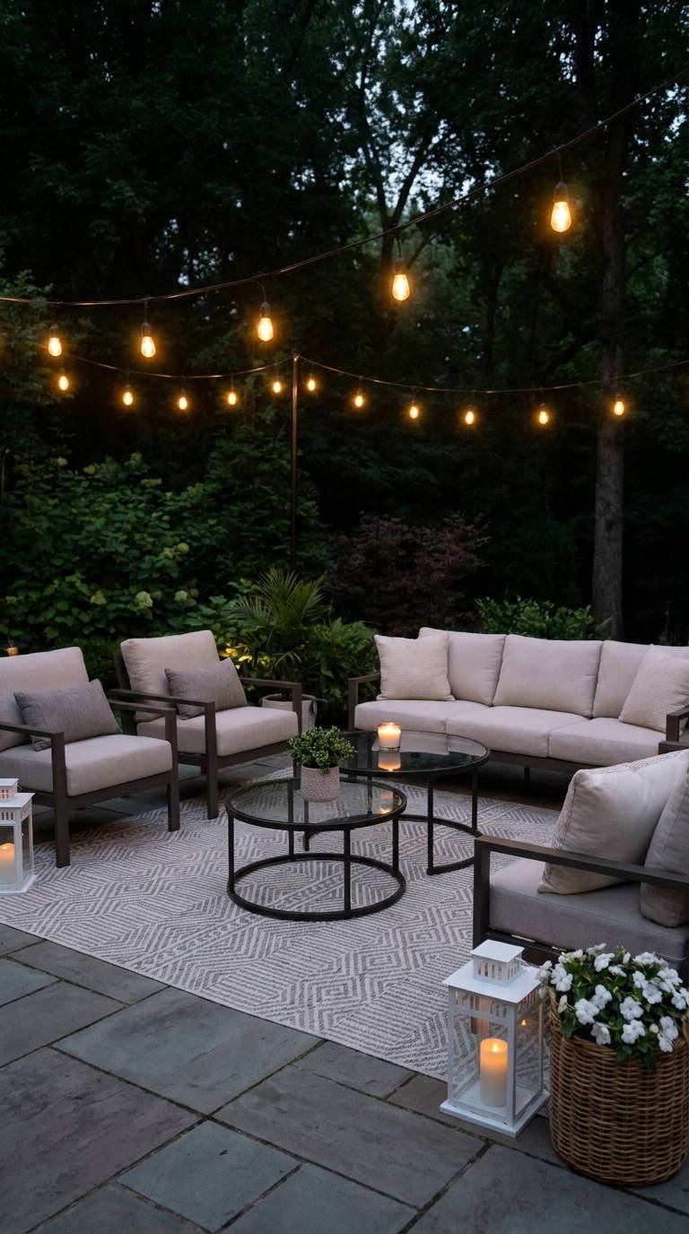 terrasse nuit guirlandes salon lanternes