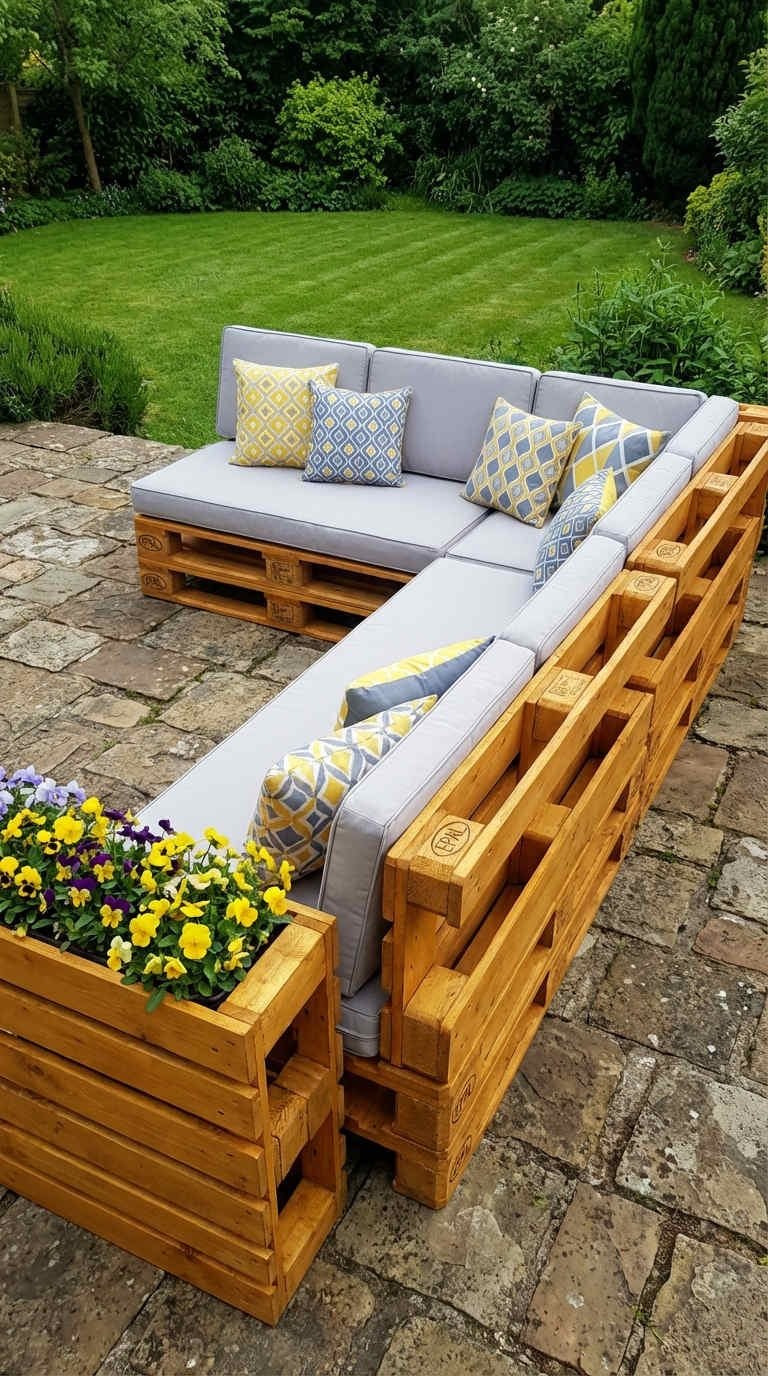 terrasse palette bois miel coussins pensees