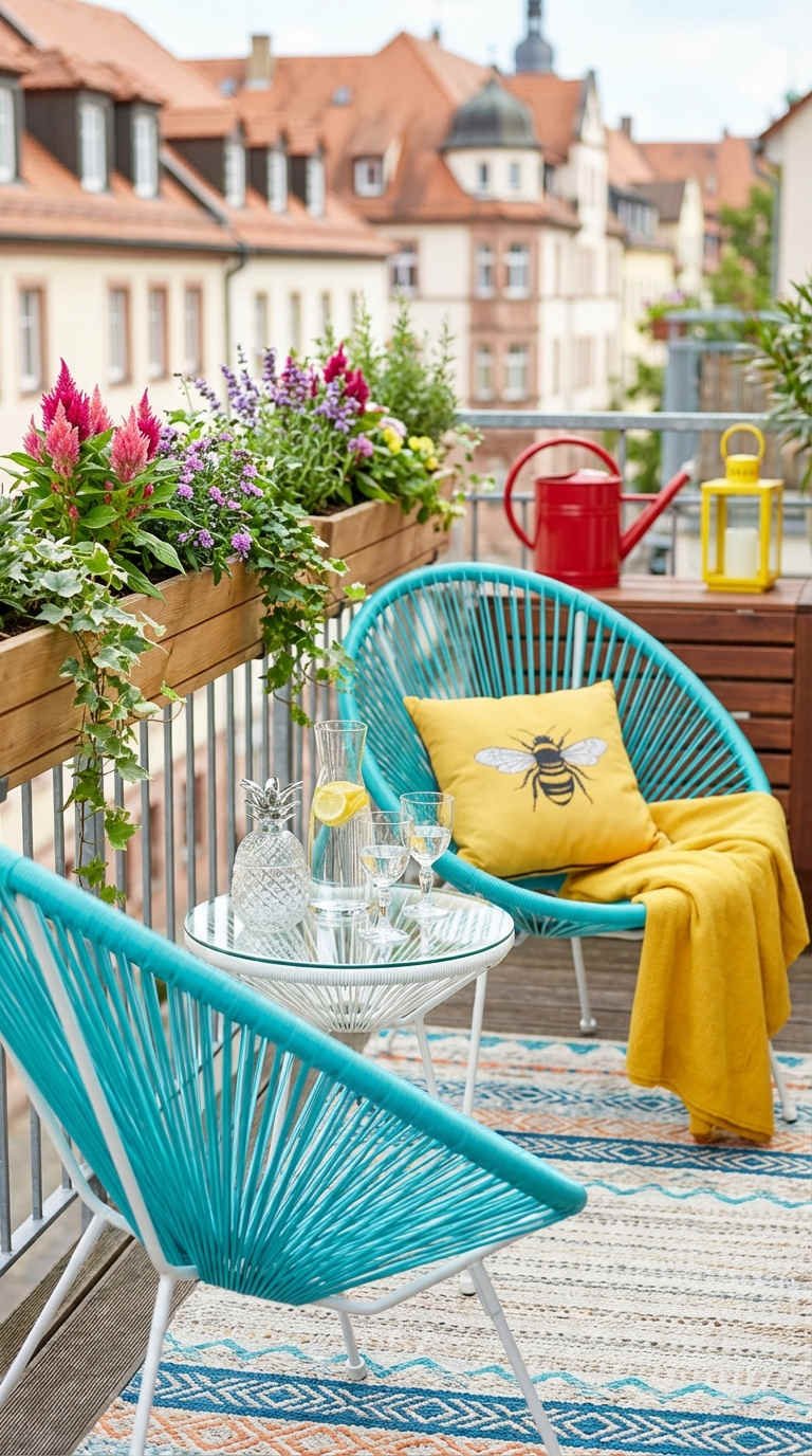 balcon chaise turquoise fleurs lavande tapis colore