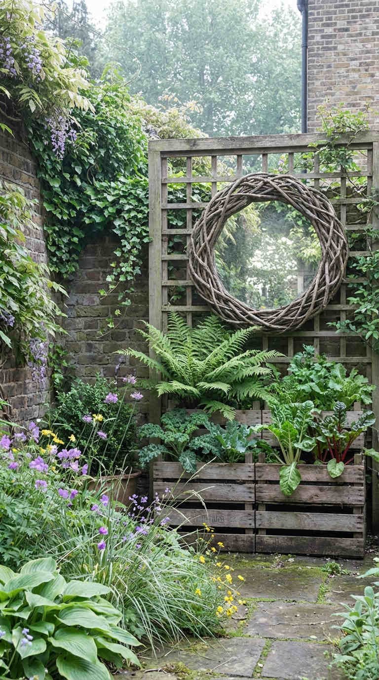 jardin treillage caisses bois fougeres hostas