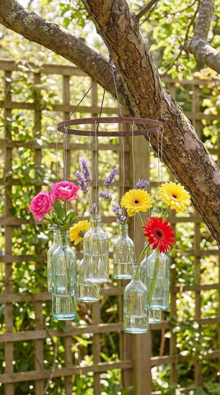 mobile bouteilles fleurs suspendues