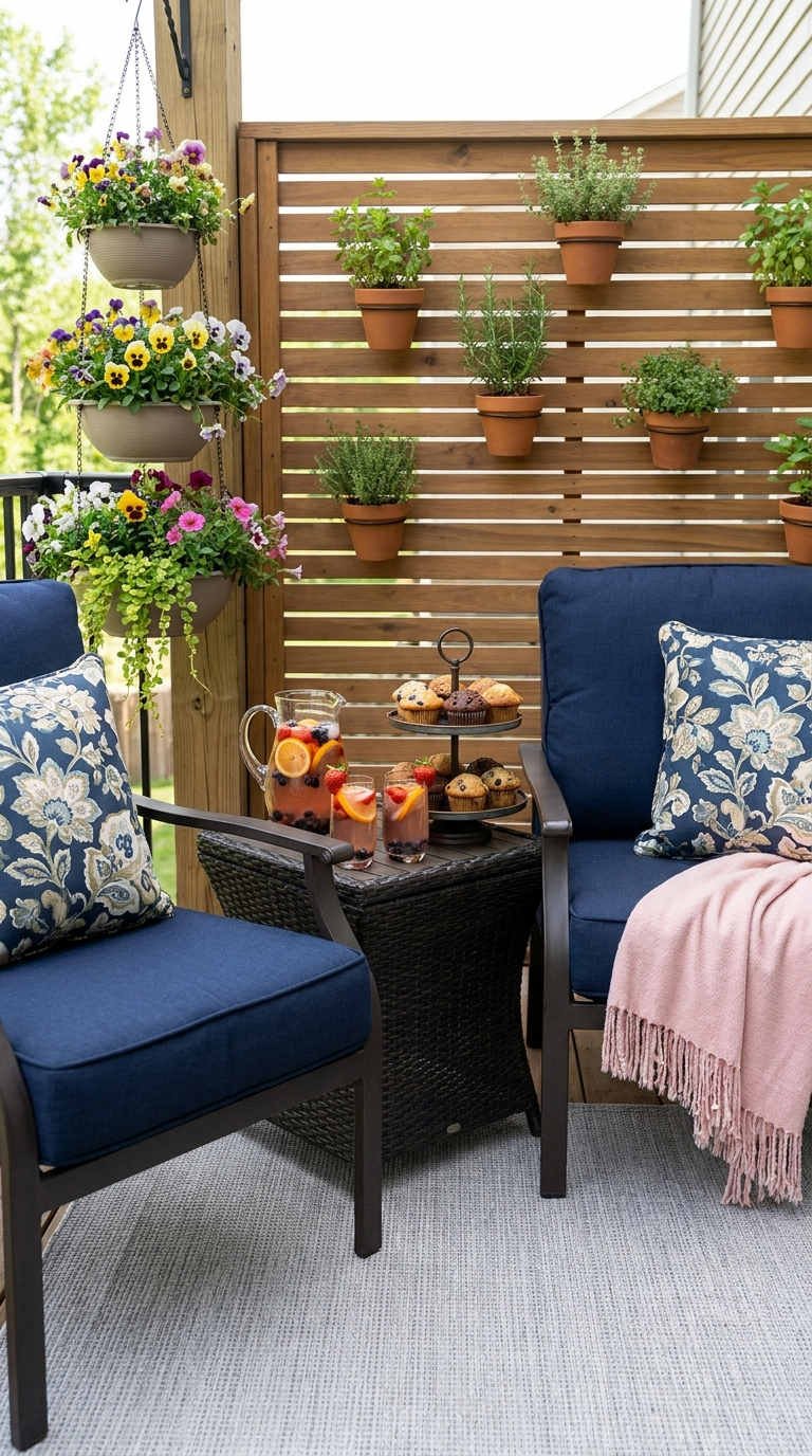 petite terrasse bleu fleurs suspensions