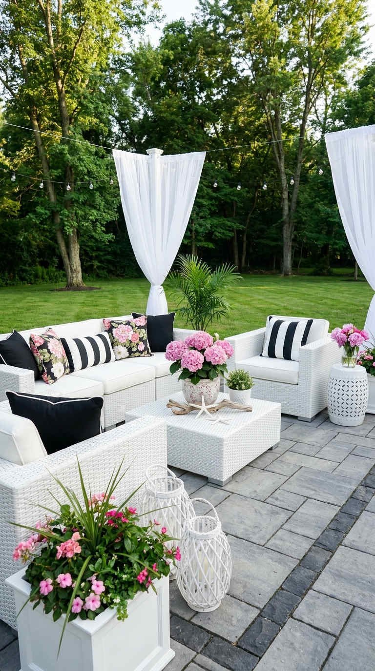 salon jardin blanc voilages fleurs