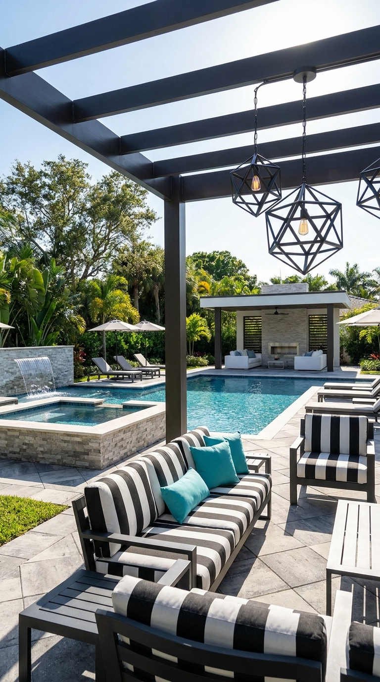 terrasse noir blanc piscine chic