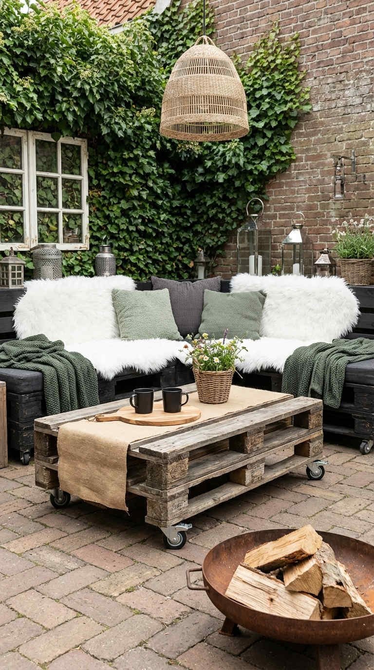 terrasse palette boheme roulettes brasero rotin