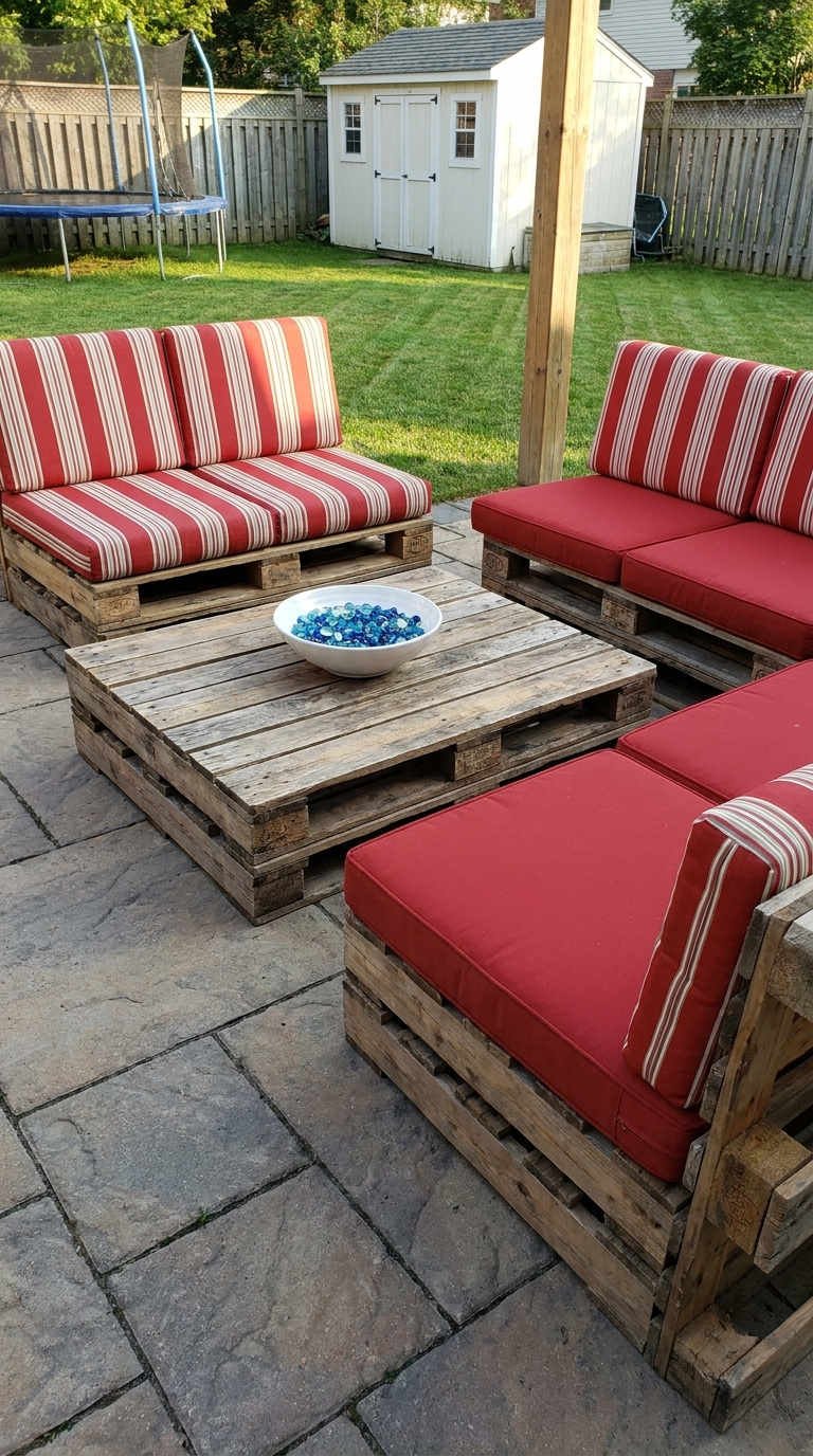 terrasse palette coussins rouges
