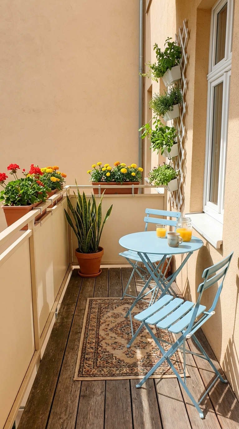 balcon bistrot bleu terracotta fleurs