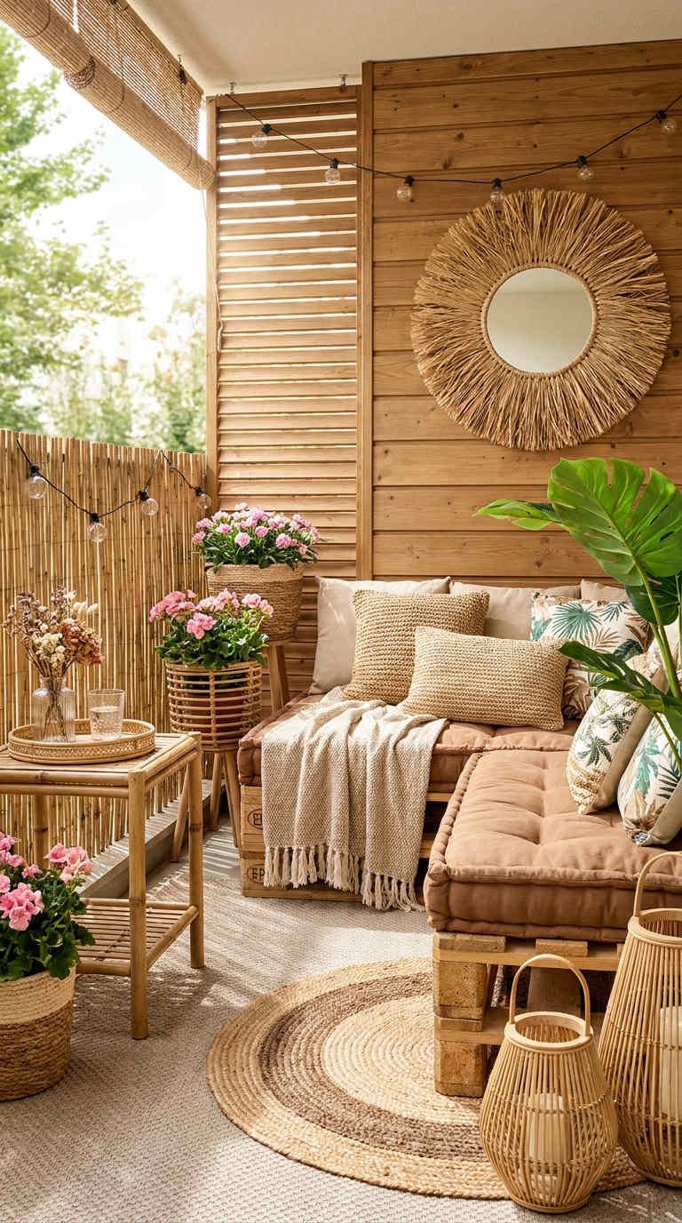 balcon boheme bois rotin fleurs