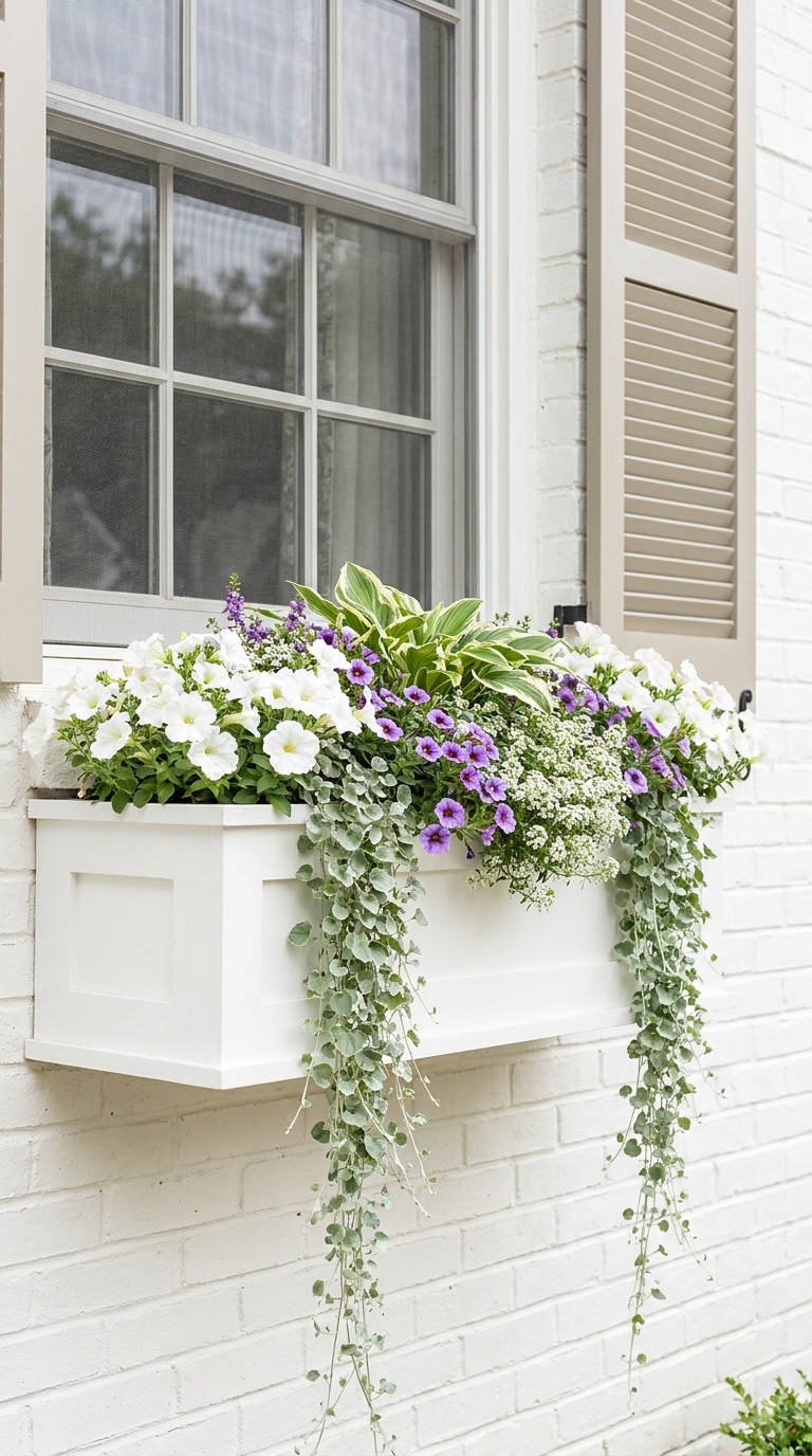 jardiniere blanche petunias feuillage