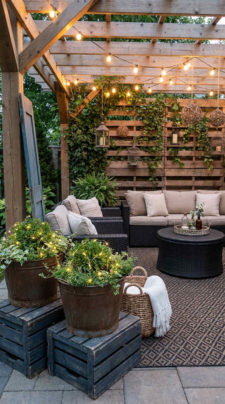 pergola bois guirlandes salon exterieur