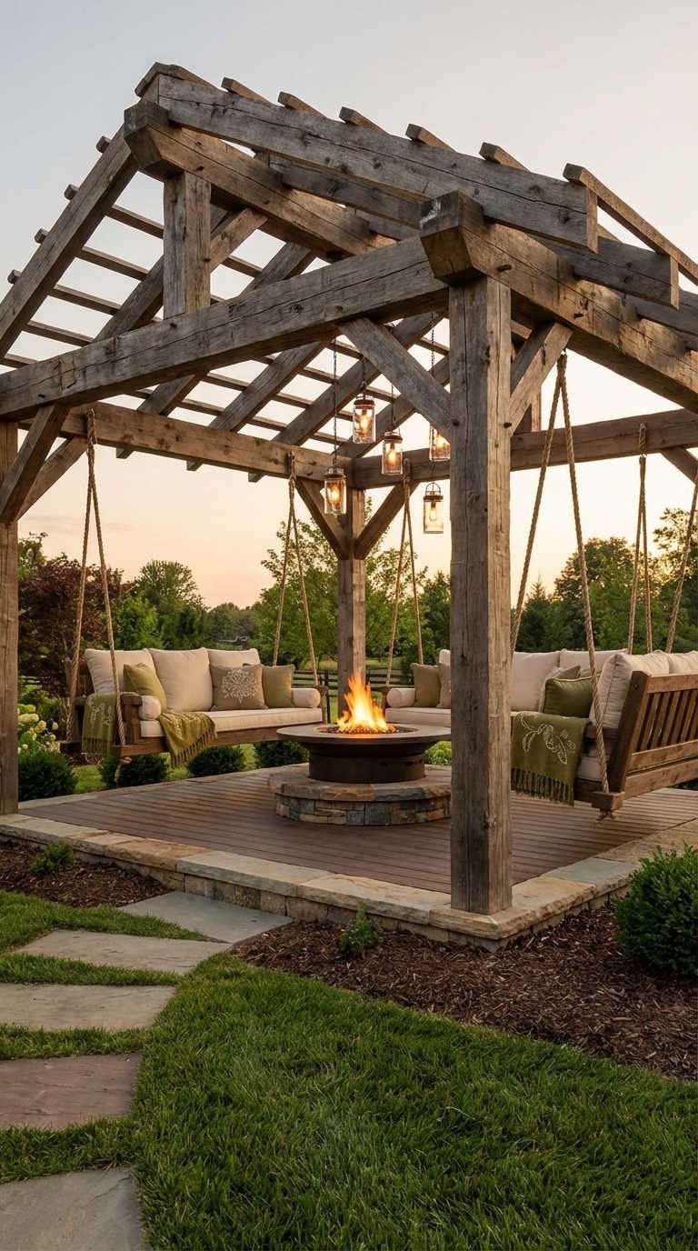 pergola rustique balancelle bois brasero