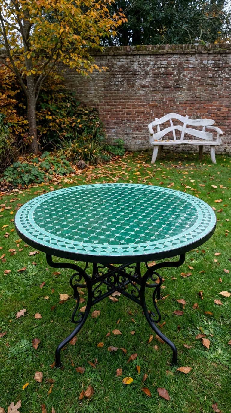table mosaique verte jardin automne banc
