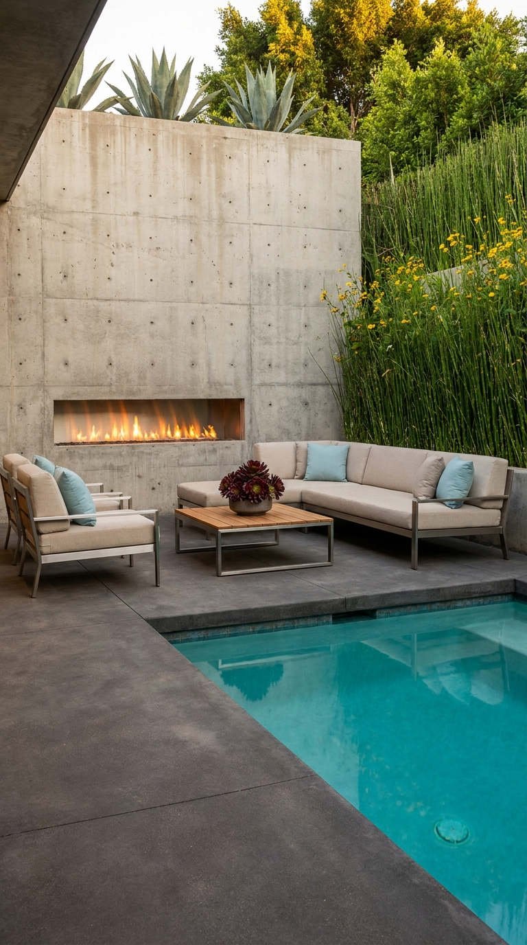 terrasse beton cheminee piscine moderne