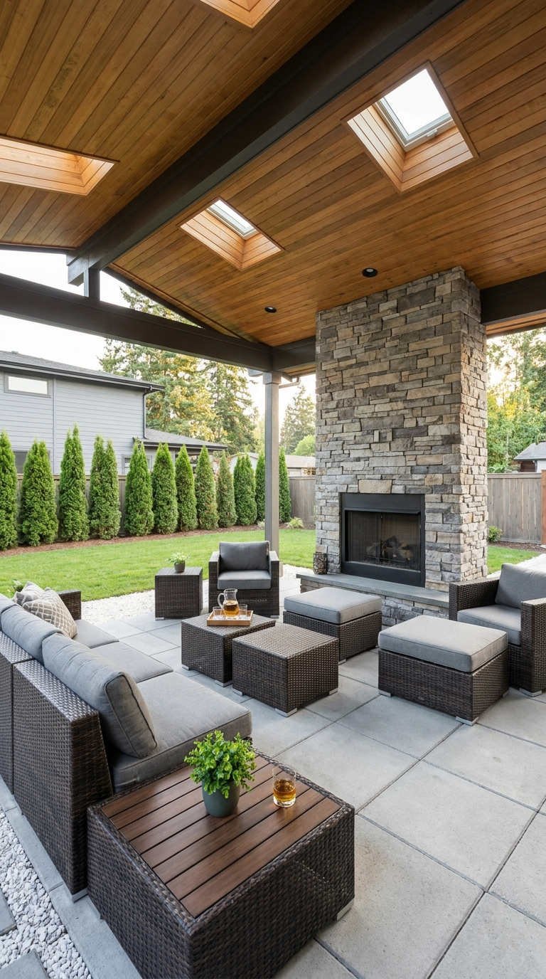 terrasse couverte cheminee pierre bois